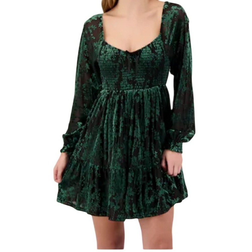 Crystal Doll Emerald Green‎ Floral Burnout Velvet Smocked Mini Dress XL New